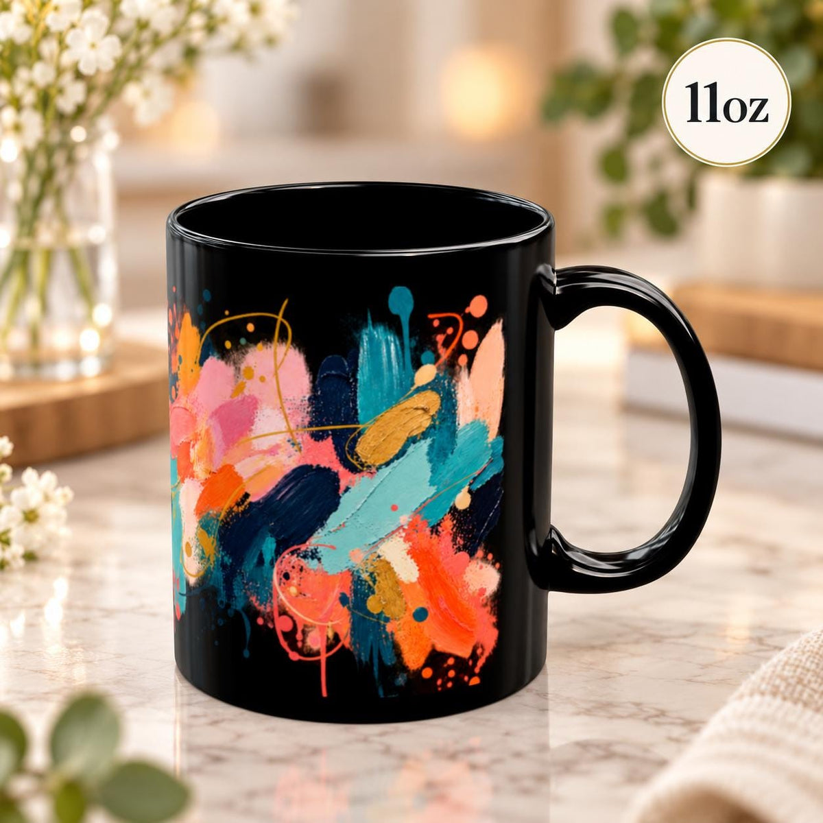 11 oz black ceramic mug shown from the opposite side, highlighting the expressive abstract design in warm and cool tones.