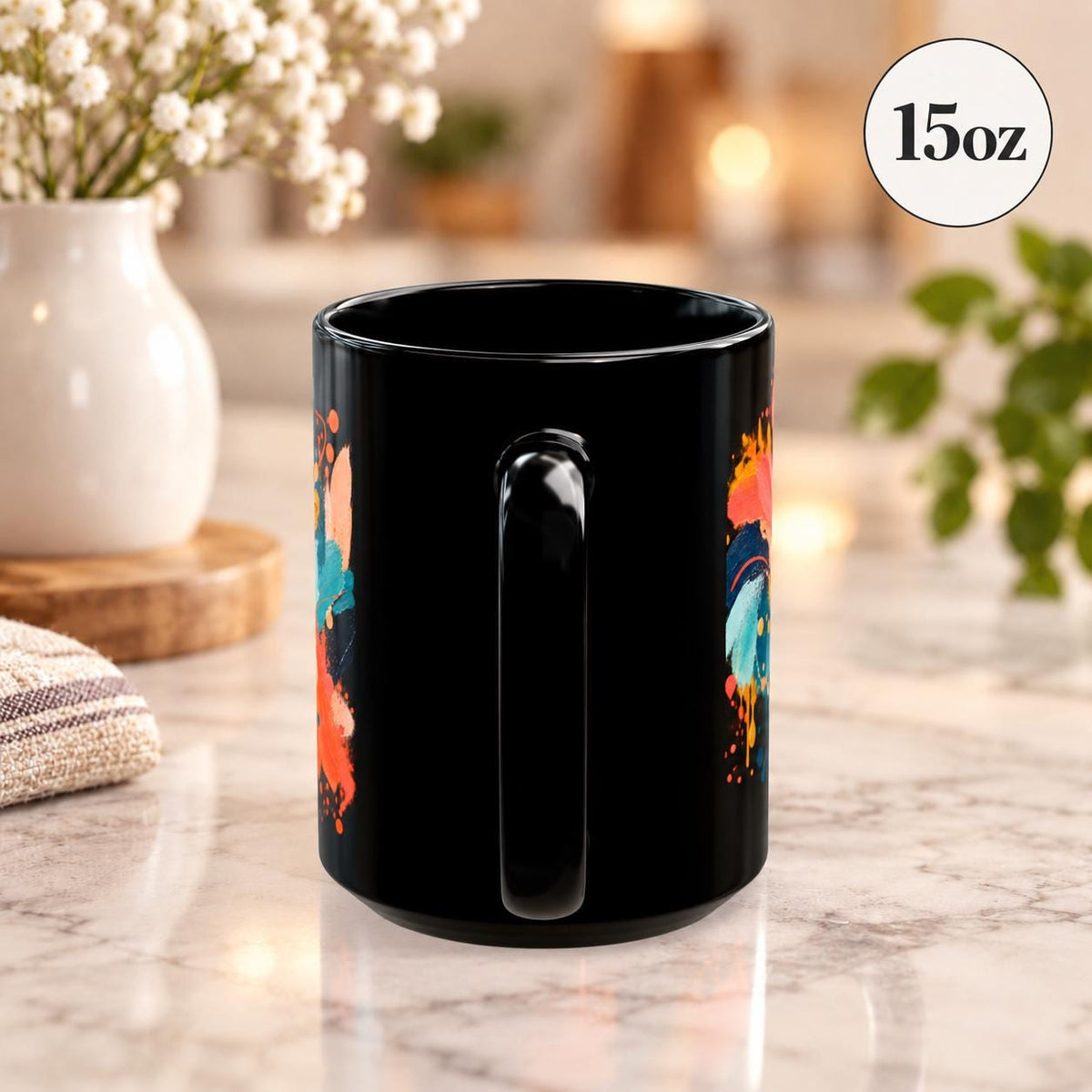15 oz mug shown from the back, displaying the continuation of the abstract wrap design across the glossy black finish.