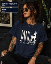 Navy Comfort Colors 1717 shirt featuring the “I Am Jane Doe” statement artwork in a clean minimalist style.