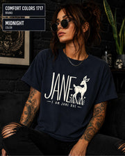 Midnight Comfort Colors shirt featuring the Jane Doe awareness graphic with bold lettering and a minimalist deer.