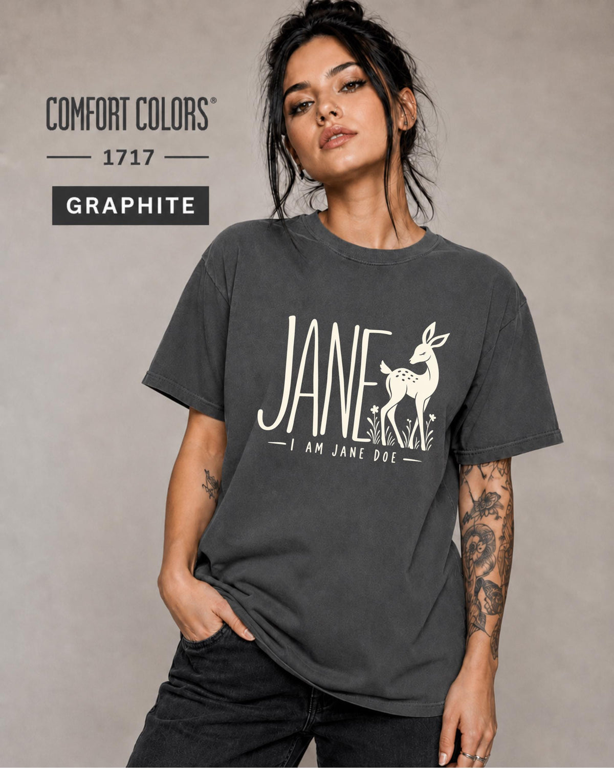 Pepper Comfort Colors 1717 T-shirt displaying the statement design with “Jane” text and doe artwork in a neutral cream print.