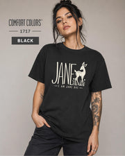 Black Comfort Colors 1717 T-shirt featuring large “Jane” lettering, a minimalist doe illustration, and the phrase “I Am Jane Doe.”