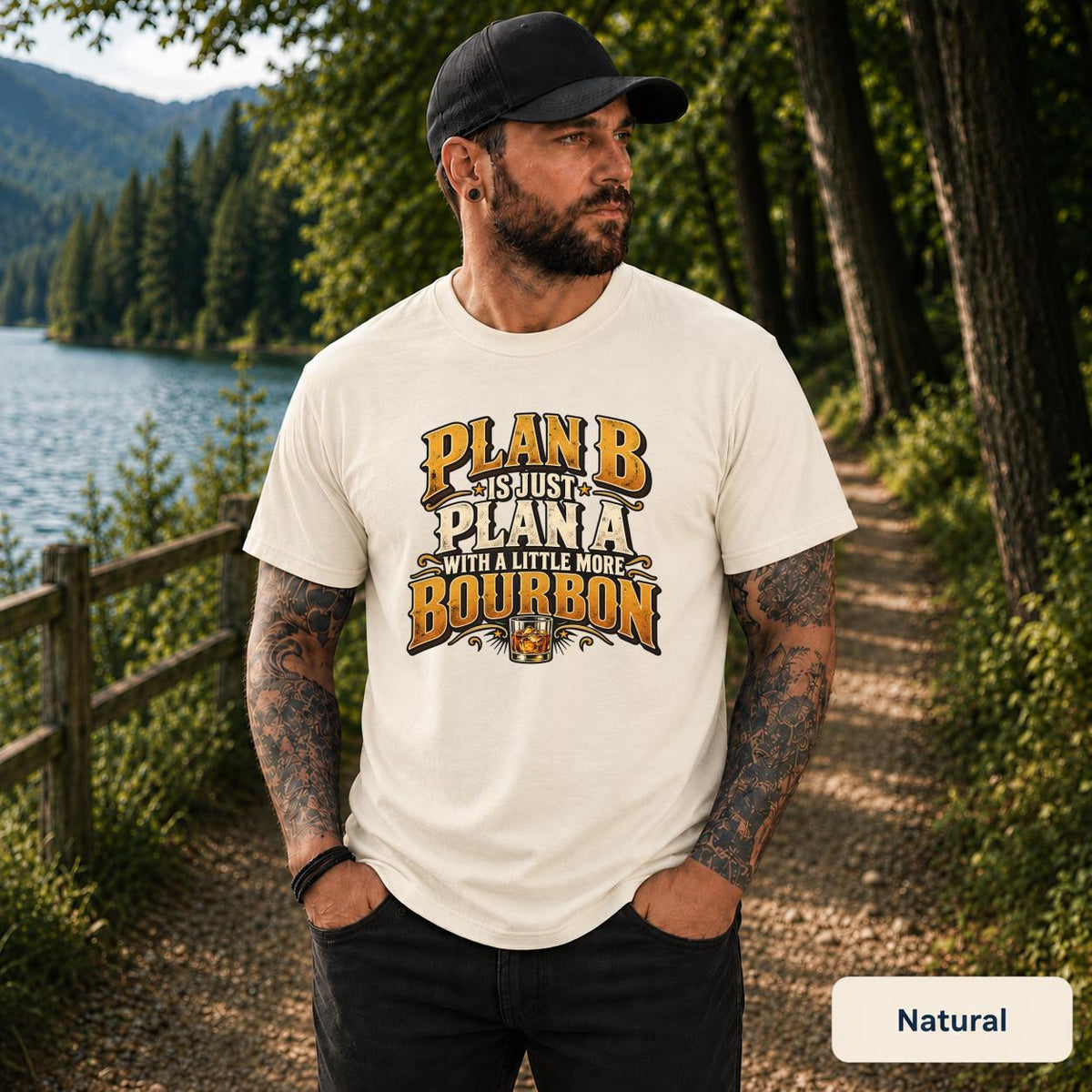 Natural shirt displaying the funny bourbon slogan in a vintage rustic style with warm amber and tan typography.