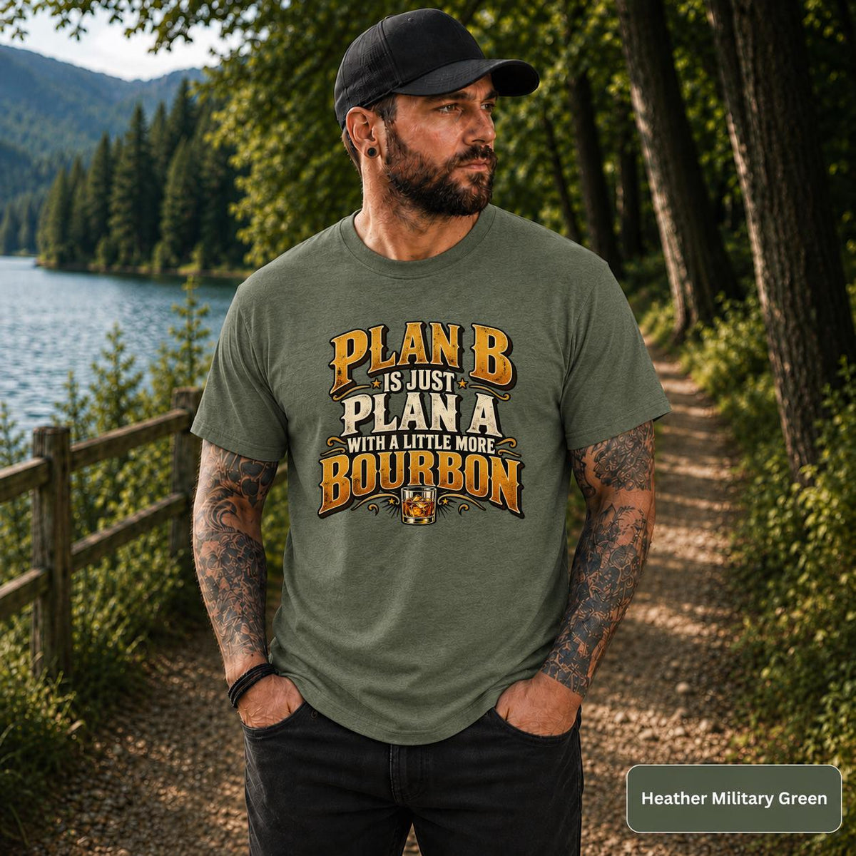 Heather Military Green shirt displaying the funny Plan B drinking design with vintage lettering and whiskey artwork.
