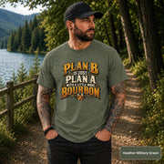 Heather Military Green shirt displaying the funny Plan B drinking design with vintage lettering and whiskey artwork.