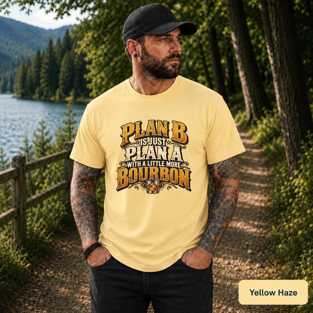 Yellow Haze tee featuring the bourbon slogan graphic with rustic distressed text and warm bar-style colors.