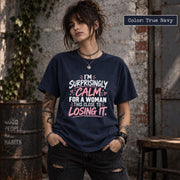True Navy tee displaying the sarcastic quote graphic with bold hand-lettered text, hearts, and small accent marks.