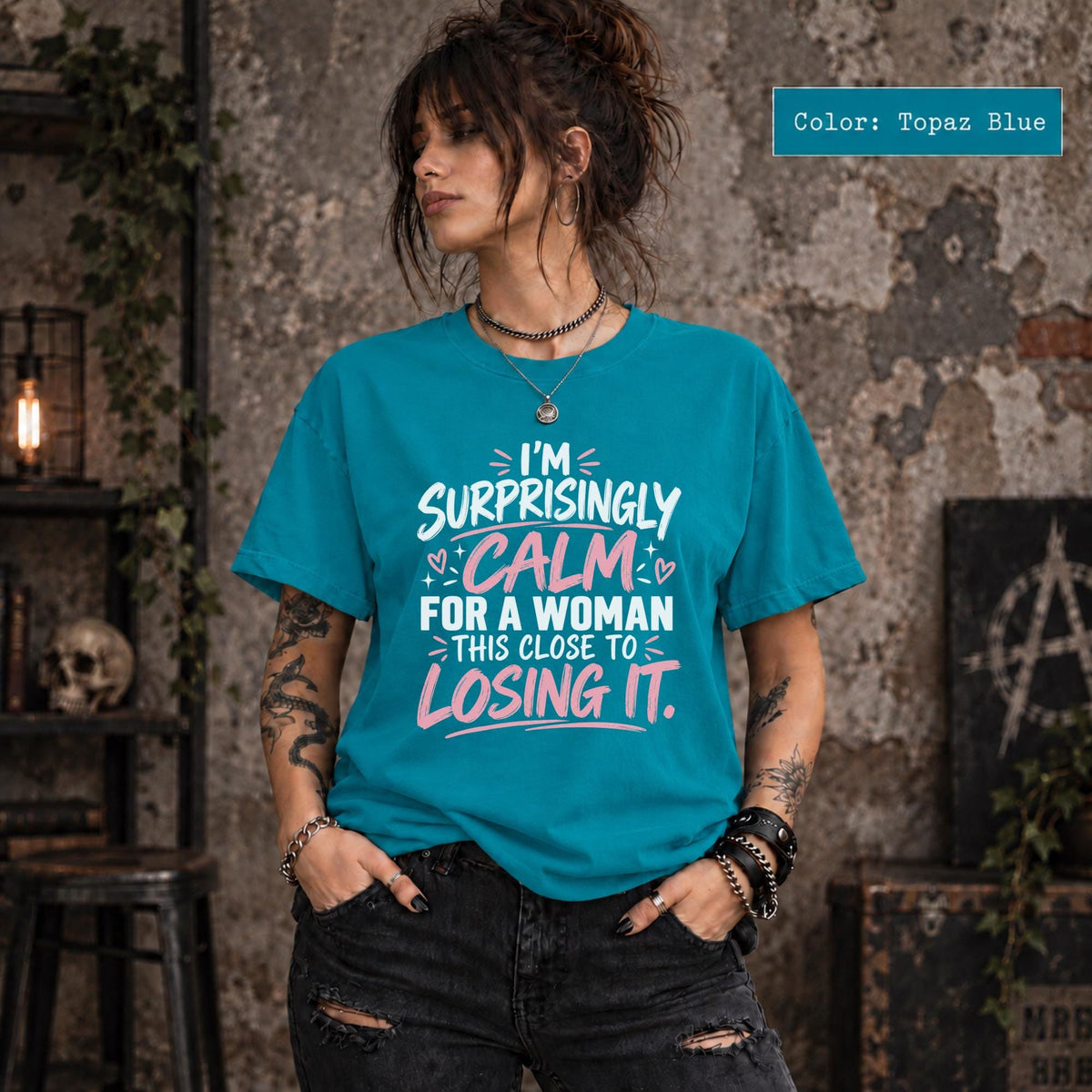 Topaz Blue Comfort Colors shirt featuring the relatable losing-it humor design in pink and white.