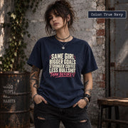 True Navy tee displaying the motivational coffee quote with vintage-style typography and a bold feminine message.