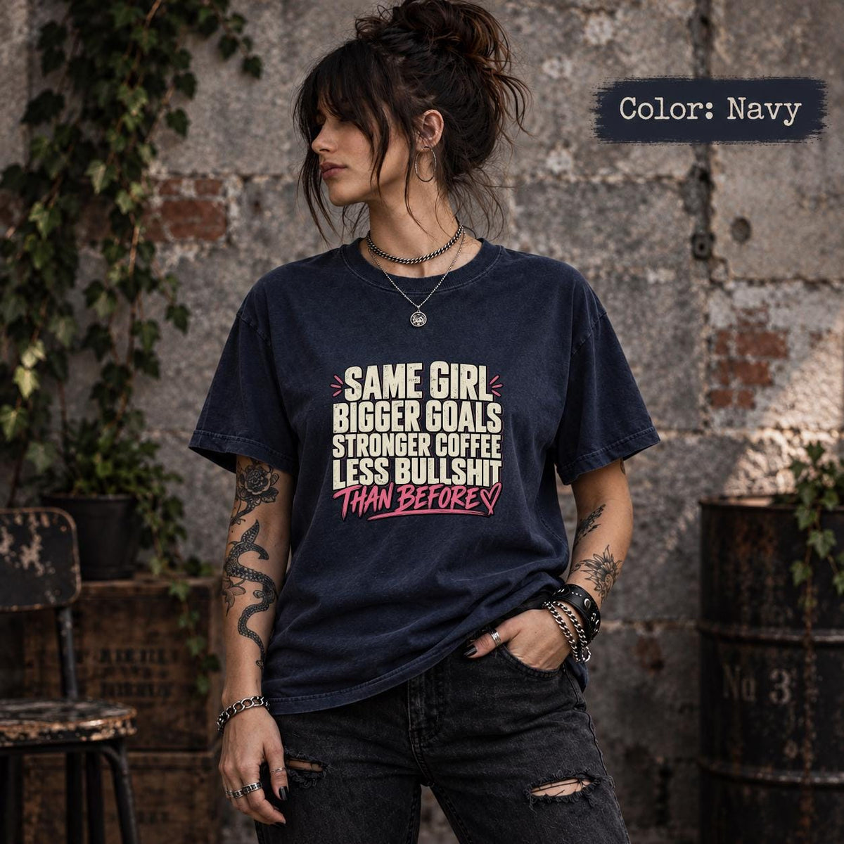 Navy Comfort Colors 1717 shirt featuring the “Same Girl Bigger Goals” message with strong coffee and less bullshit text.