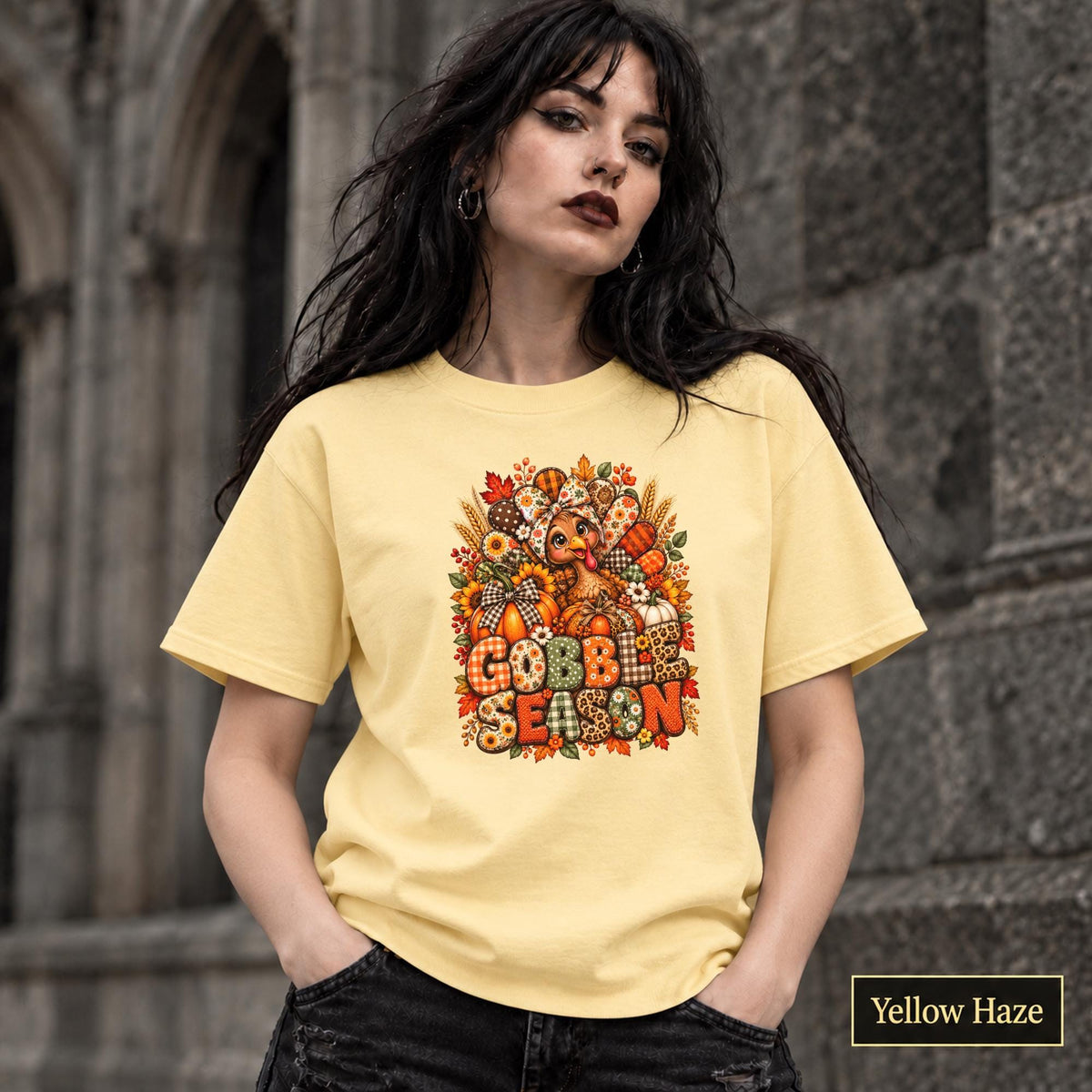 Yellow Haze Gildan 5000 tee featuring the harvest design with patterned pumpkins, florals, and “Gobble Season” lettering.