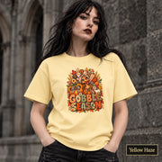 Yellow Haze Gildan 5000 tee featuring the harvest design with patterned pumpkins, florals, and “Gobble Season” lettering.