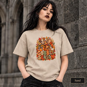 Sand Gildan 5000 T-shirt featuring the colorful “Gobble Season” Thanksgiving design with turkey, pumpkins, sunflowers, plaid accents, and autumn leaves.