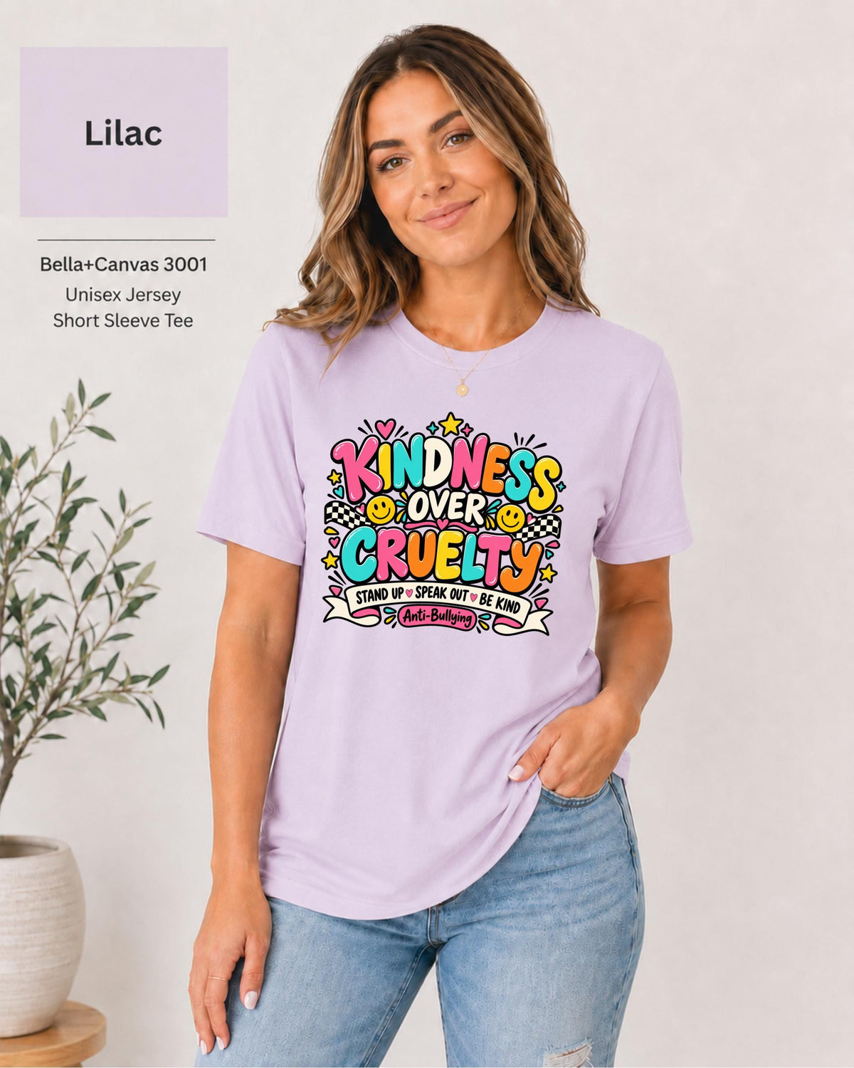 Lilac unisex T-shirt featuring the bright anti-bullying statement with smiley faces, hearts, stars, and encouraging text.