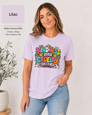 Lilac unisex T-shirt featuring the bright anti-bullying statement with smiley faces, hearts, stars, and encouraging text.