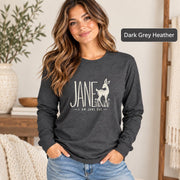 Dark Grey Heather long sleeve featuring the “I Am Jane Doe” message with minimalist typography and subtle botanical details.