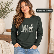 Heather Forest long sleeve tee featuring the Jane Doe awareness graphic with clean neutral text and minimalist deer artwork.