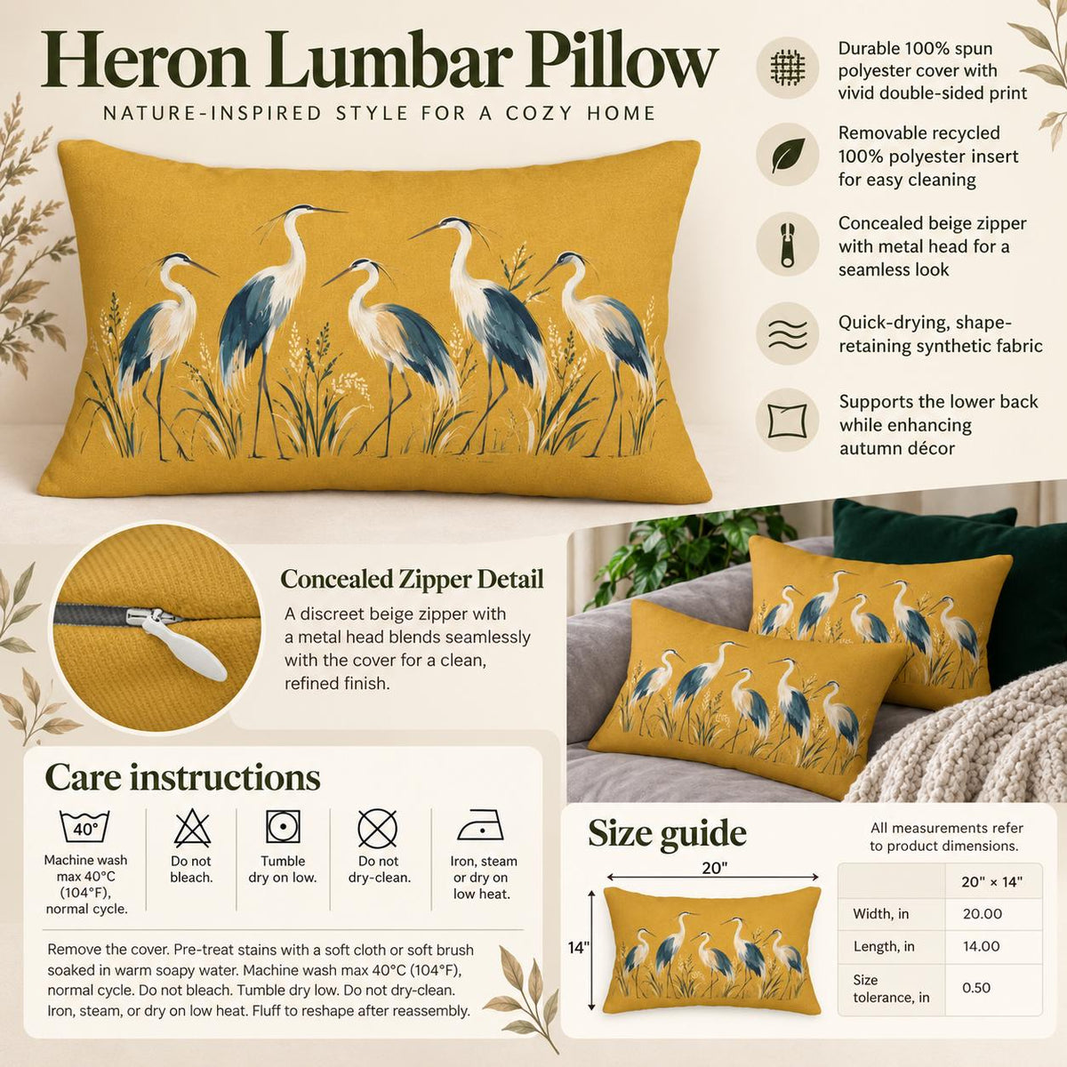 Heron lumbar pillow product information graphic showing pillow features, concealed zipper detail, care instructions, and 20 by 14 inch size guide.