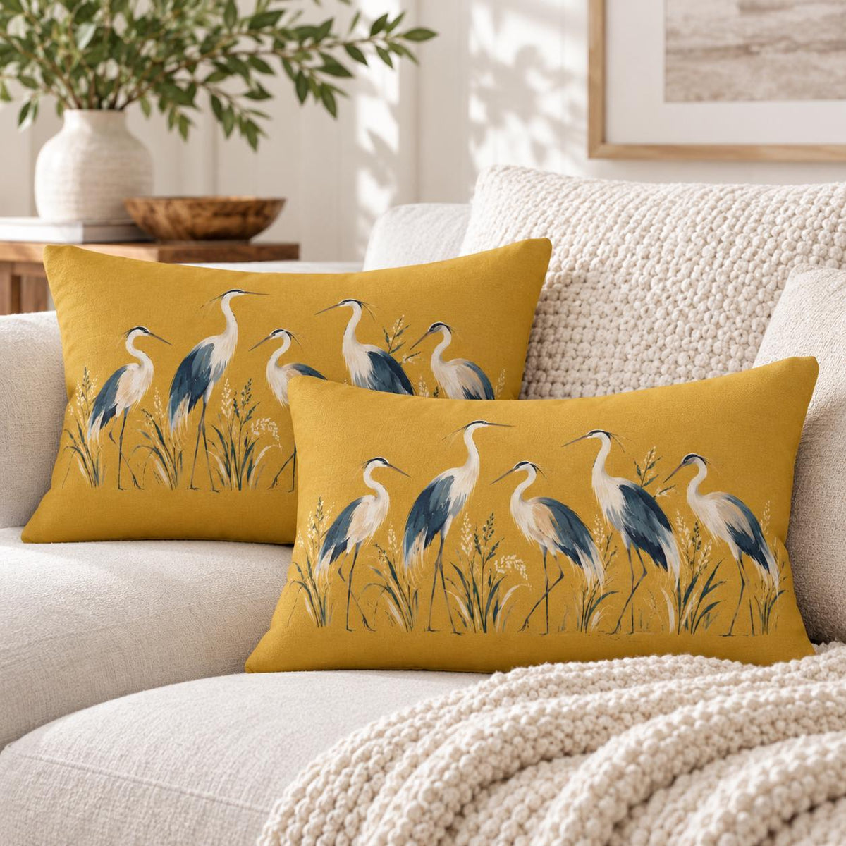 Two matching mustard yellow heron lumbar pillows styled together on a cream sofa with chunky knit blanket and neutral modern home decor.