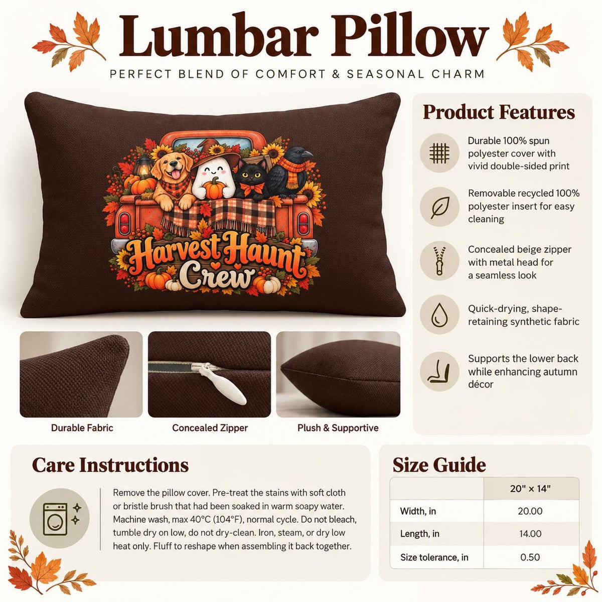 Harvest Haunt Crew lumbar pillow information graphic showing product features, durable fabric, concealed zipper, care instructions, and 20 by 14 inch size guide.
