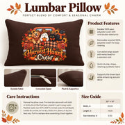 Harvest Haunt Crew lumbar pillow information graphic showing product features, durable fabric, concealed zipper, care instructions, and 20 by 14 inch size guide.