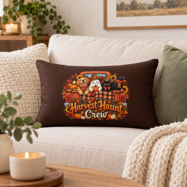 Brown Harvest Haunt Crew lumbar pillow with autumn truck, dog, ghost, black cat, crow, pumpkins, sunflowers, and fall leaves styled on a cozy cream sofa.