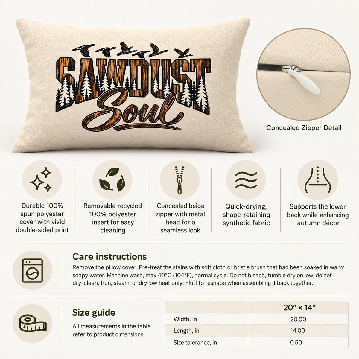Sawdust Soul lumbar pillow information graphic showing product features, concealed zipper detail, care instructions, and 20 by 14 inch size guide.