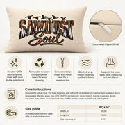 Sawdust Soul lumbar pillow information graphic showing product features, concealed zipper detail, care instructions, and 20 by 14 inch size guide.