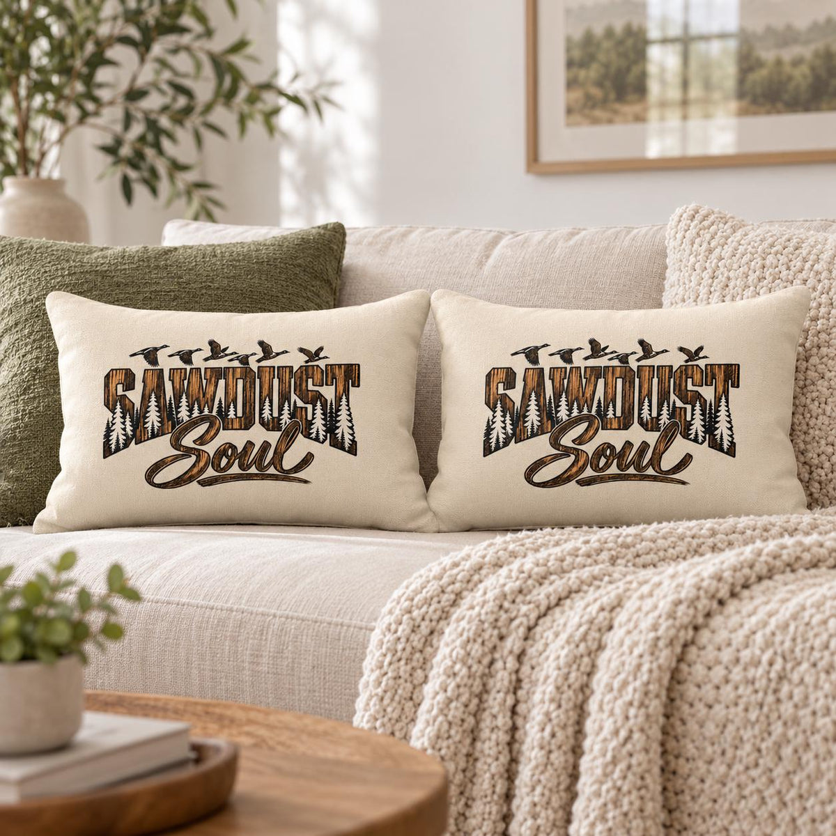 Two matching Sawdust Soul lumbar pillows styled together on a cream sofa with olive accent pillow, chunky knit blanket, and neutral woodland home decor.
