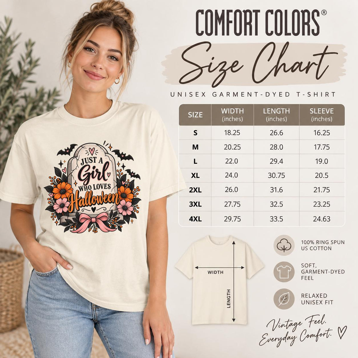 Comfort Colors unisex garment-dyed T-shirt size chart featuring the Just a Girl Who Loves Halloween floral graphic, with shirt measurements from S to 4XL, relaxed fit details, and 100% ring-spun cotton information.