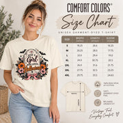 Comfort Colors unisex garment-dyed T-shirt size chart featuring the Just a Girl Who Loves Halloween floral graphic, with shirt measurements from S to 4XL, relaxed fit details, and 100% ring-spun cotton information.