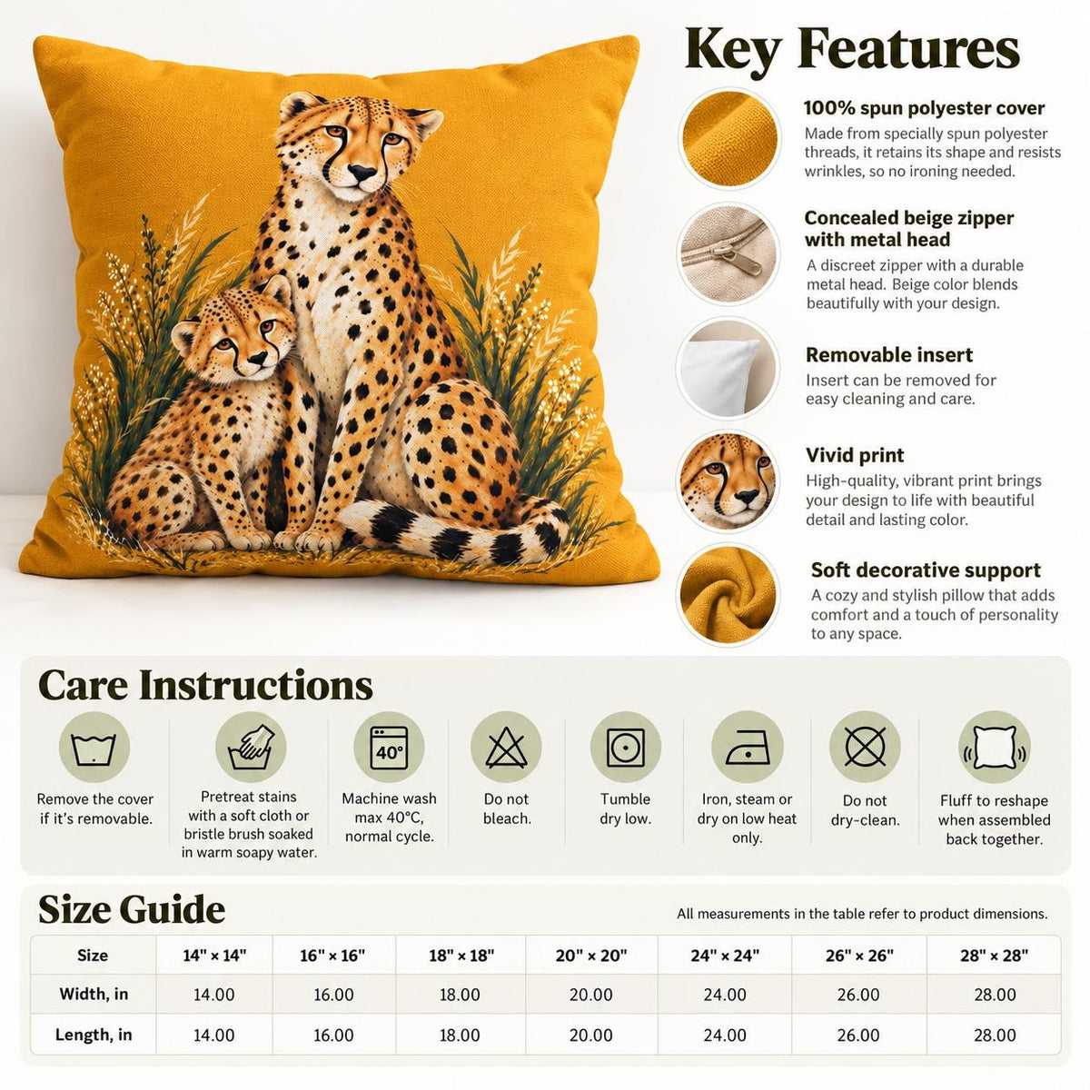 Product information mockup showing the cheetah pillow with key features, care instructions, sizing details, and material information.