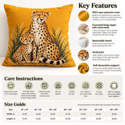 Product information mockup showing the cheetah pillow with key features, care instructions, sizing details, and material information.