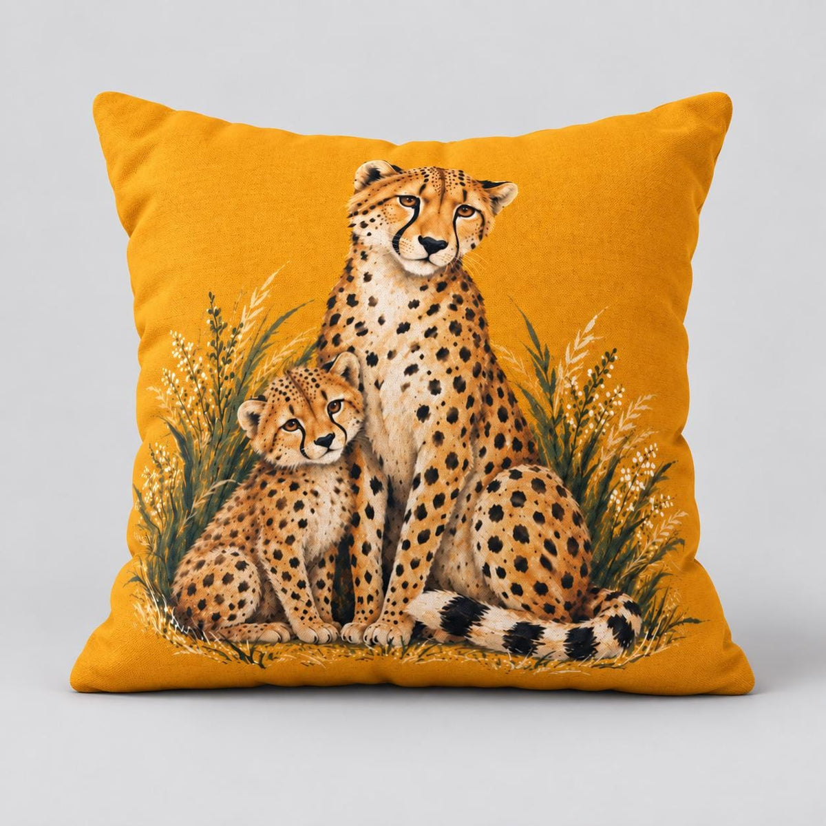 Front-facing yellow pillow showcasing the cheetah illustration on a clean neutral background for a clear product view.
