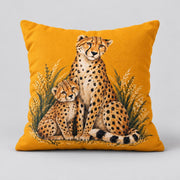 Front-facing yellow pillow showcasing the cheetah illustration on a clean neutral background for a clear product view.