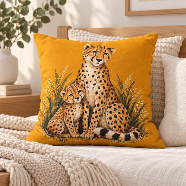 Mustard yellow throw pillow featuring a seated cheetah illustration surrounded by tall grass and botanical details, styled on a neutral sofa.