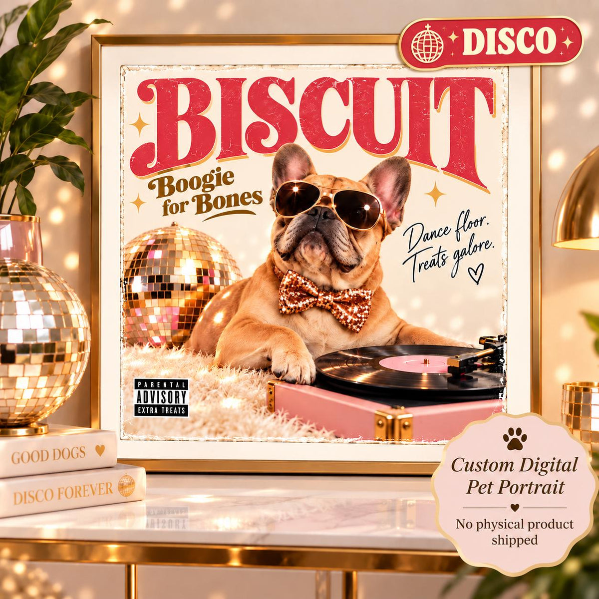 Custom disco dog album cover portrait featuring Biscuit with retro sunglasses, disco ball, and vintage record player styling.