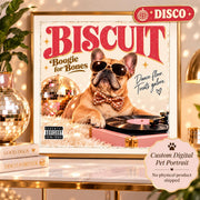 Custom disco dog album cover portrait featuring Biscuit with retro sunglasses, disco ball, and vintage record player styling.