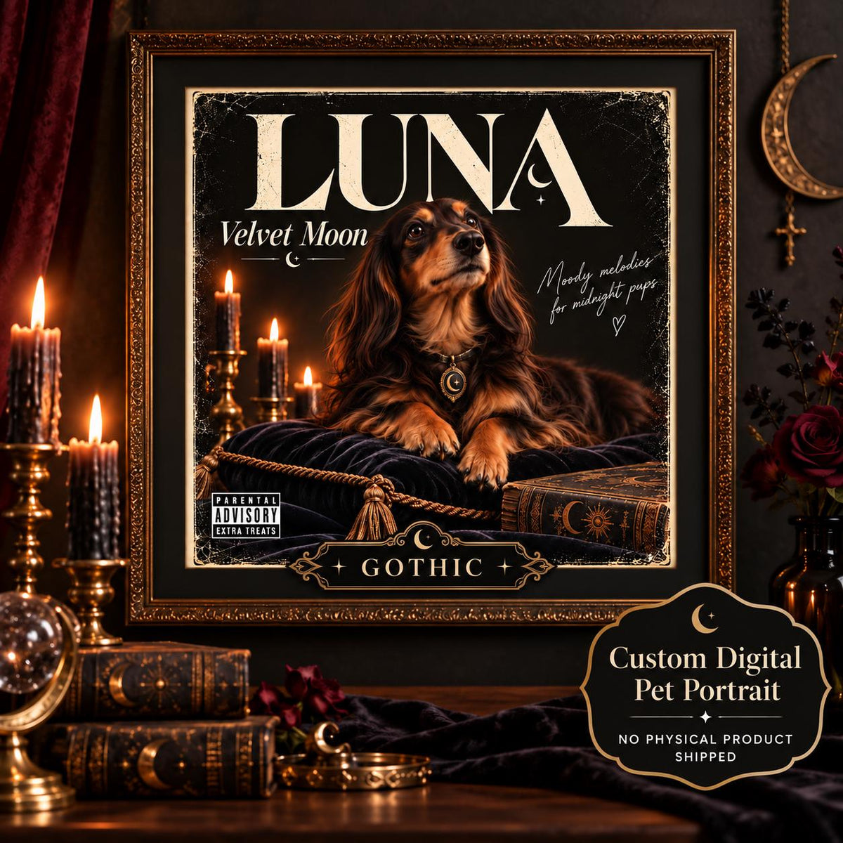 Custom gothic dog album cover portrait featuring Luna in a dark moody framed setting with candlelight and vintage gothic styling.