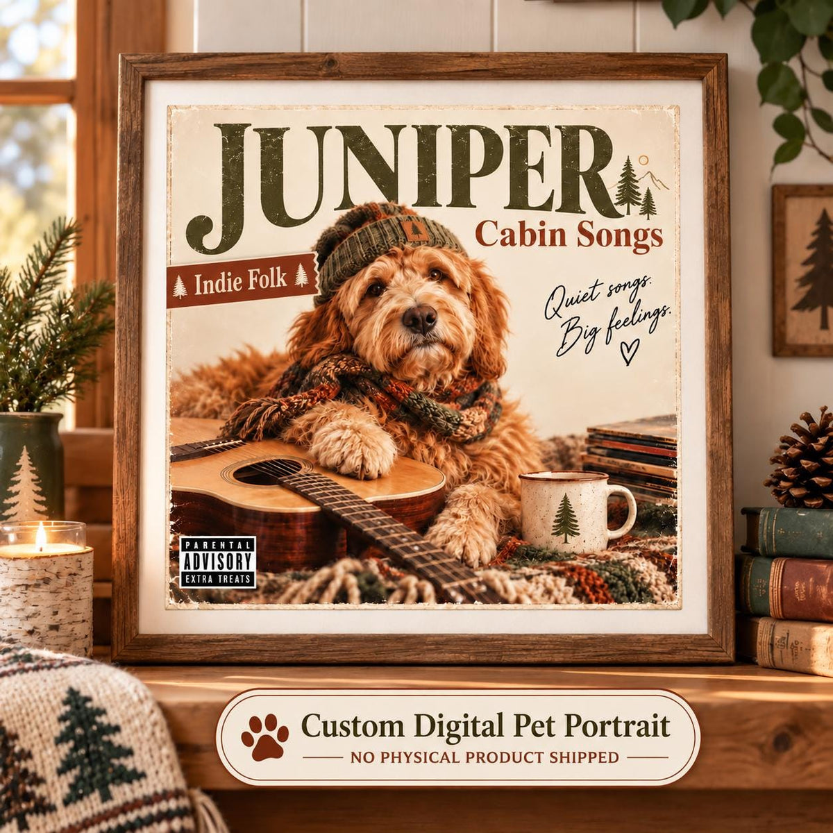 Custom indie folk dog portrait featuring Juniper in a cozy cabin inspired album cover with guitar, knit accessories, and rustic decor.