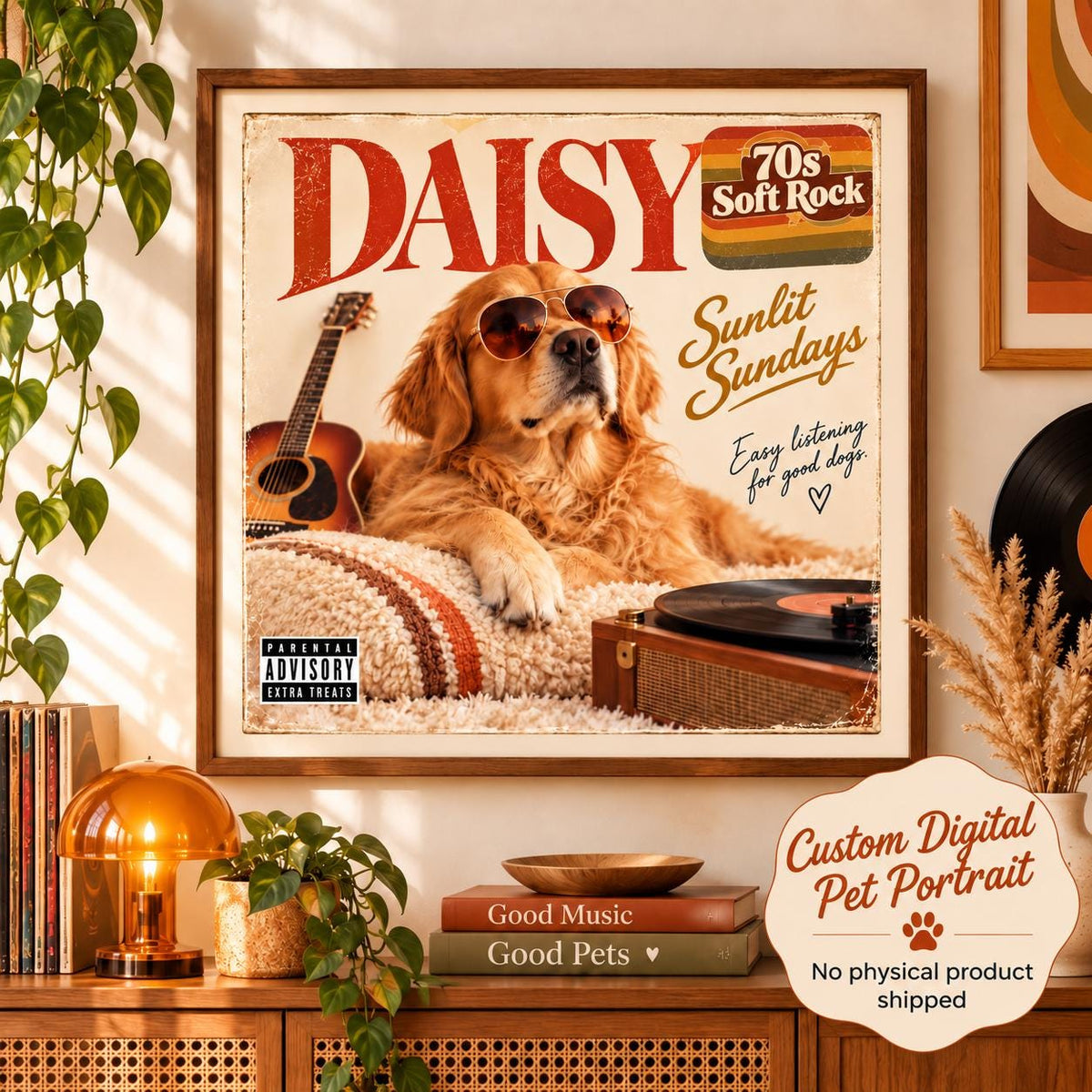 Custom 70s soft rock dog album cover portrait featuring a golden retriever named Daisy in a retro framed wall art mockup.