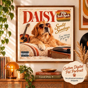 Custom 70s soft rock dog album cover portrait featuring a golden retriever named Daisy in a retro framed wall art mockup.