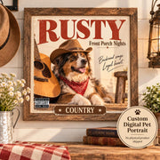 Custom country dog portrait album cover featuring Rusty in a western style framed print with cowboy hat and guitar.