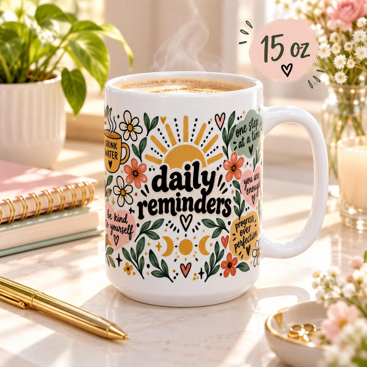 Daily Reminders ceramic mug 15 oz featuring colorful floral, sunshine, heart, and moon artwork with positive self-care phrases including drink water, be kind to yourself, you are enough, one step at a time, and progress over perfection.