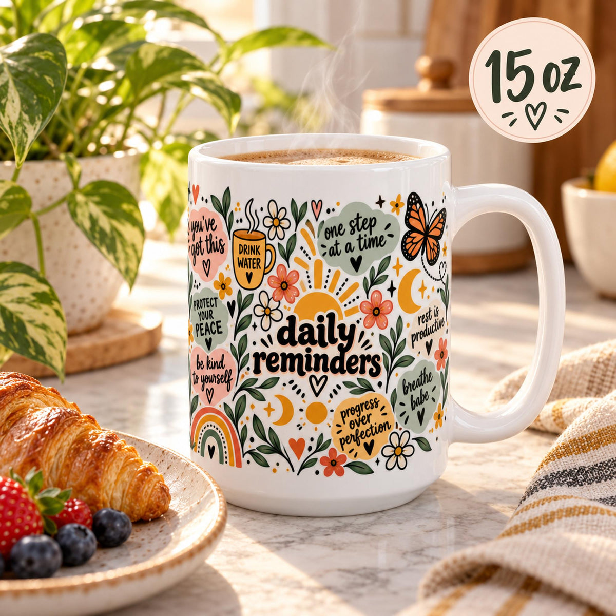 Daily Reminders ceramic mugs in 11 oz featuring colorful floral, sunshine, heart, and moon artwork with positive self-care phrases including drink water, be kind to yourself, you are enough, one step at a time, and progress over perfection.