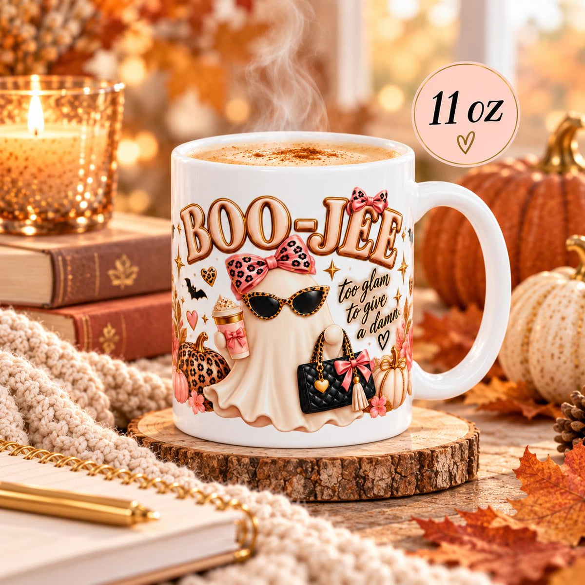 11 oz Boo-Jee coffee mug mockup with glam ghost artwork styled in a cozy rustic fall setting with muted seasonal accents and size label.