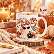 11 oz Boo-Jee coffee mug mockup with glam ghost artwork styled in a cozy rustic fall setting with muted seasonal accents and size label.