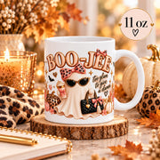 11 oz Boo-Jee mug displayed in a simple autumn mockup with rustic styling, warm lighting, seasonal decor, and the size shown on the image.