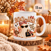 11 oz Boo-Jee mug in a clean autumn product scene with rustic decor, warm tones, and the Boo-Jee ghost design clearly visible with size noted.