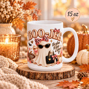 15 oz Boo-Jee mug mockup featuring the same ghost design in a rustic autumn scene with cozy seasonal decor and a clear size label in the corner.